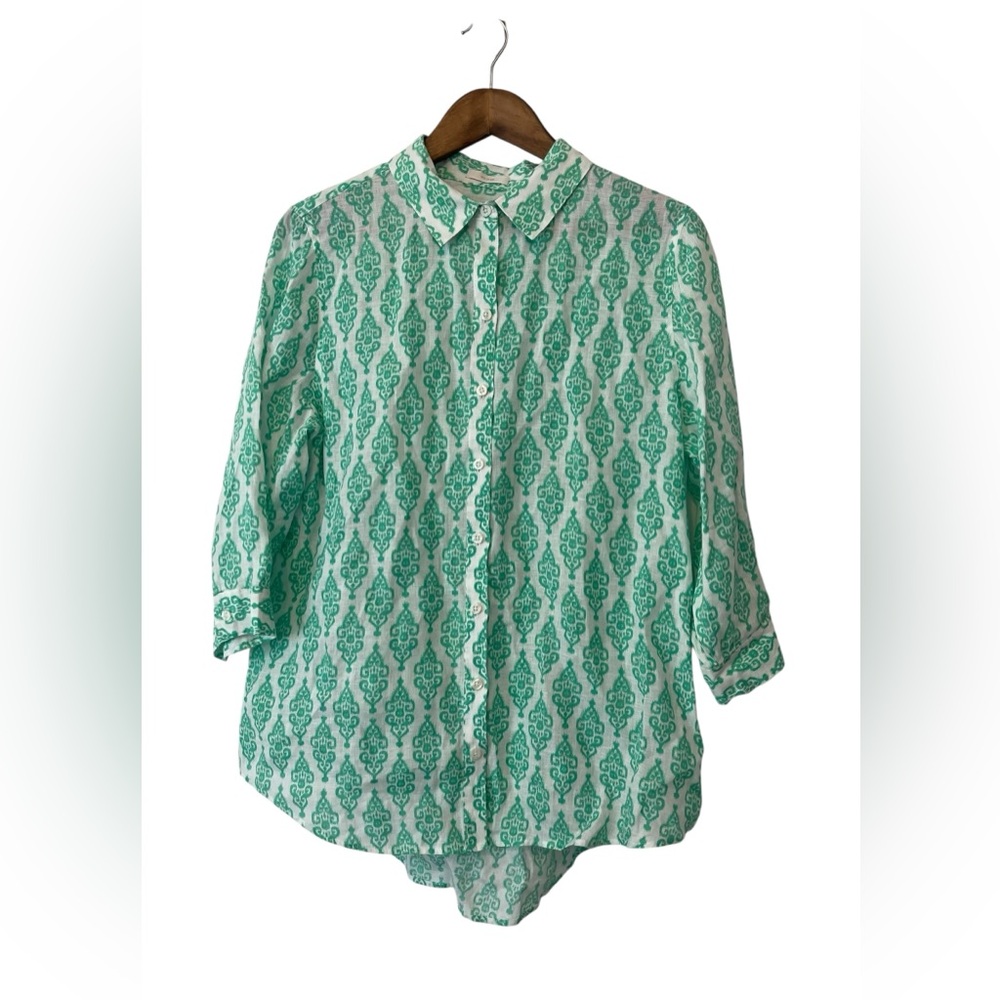 Chicos Women’s Linen Size Large Ikat Buttondown Top No Iron Green Boho 3/4 Slv - Picture 2 of 9